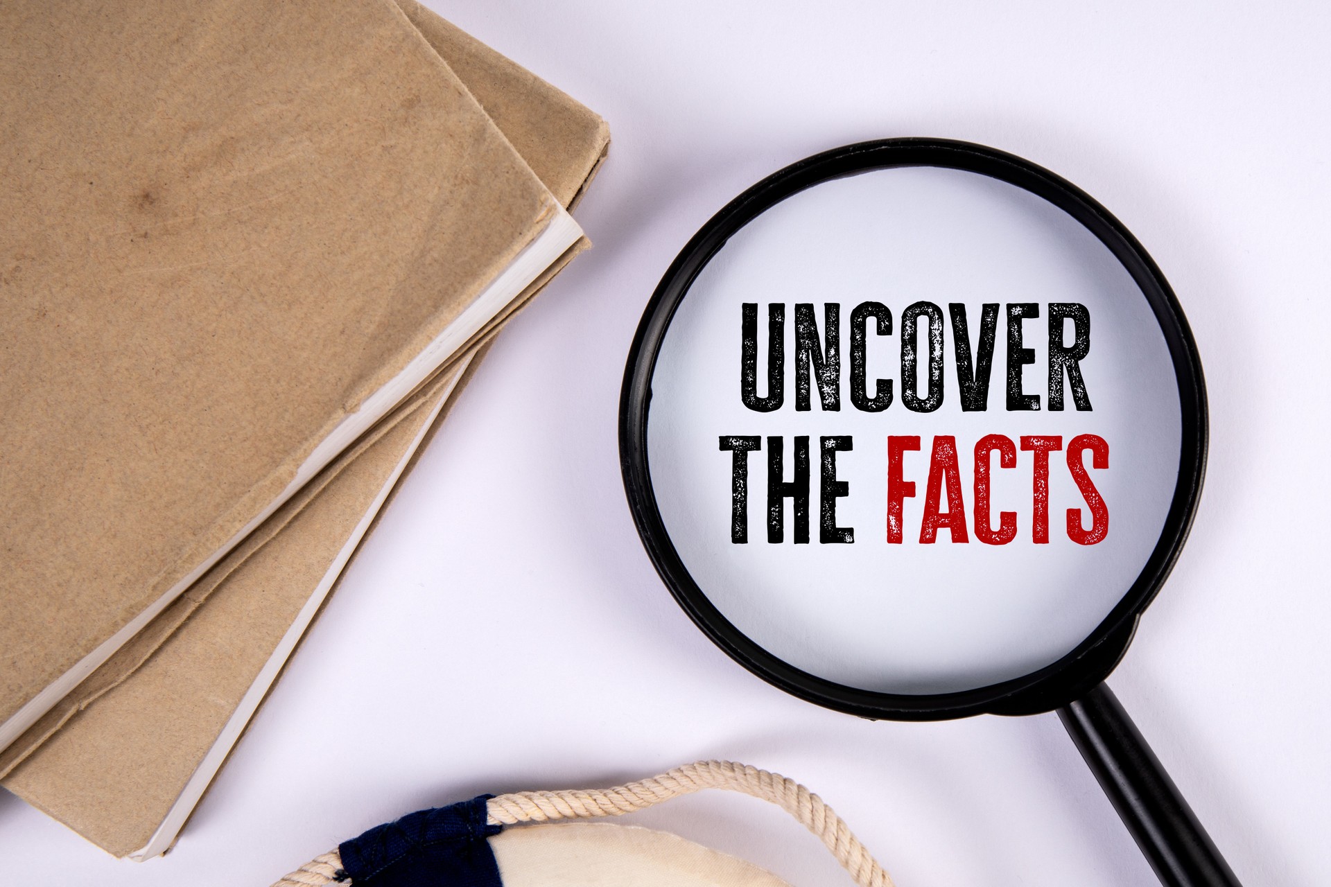 Uncover the facts. Magnifying glass and stack of books on white table