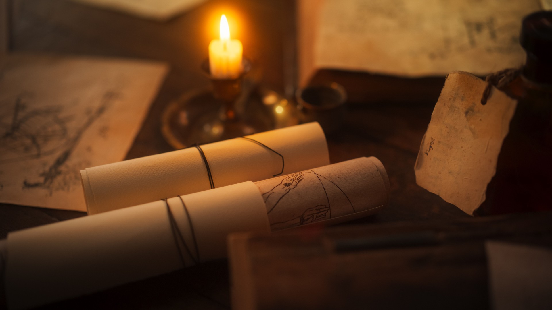 Close Up of Inscriptions and Notes written on Ancient Scrolls for Archive: Research Done By Dedicated Historian Who is Taking Notes, Inventing New Theories, Innovating in his Field